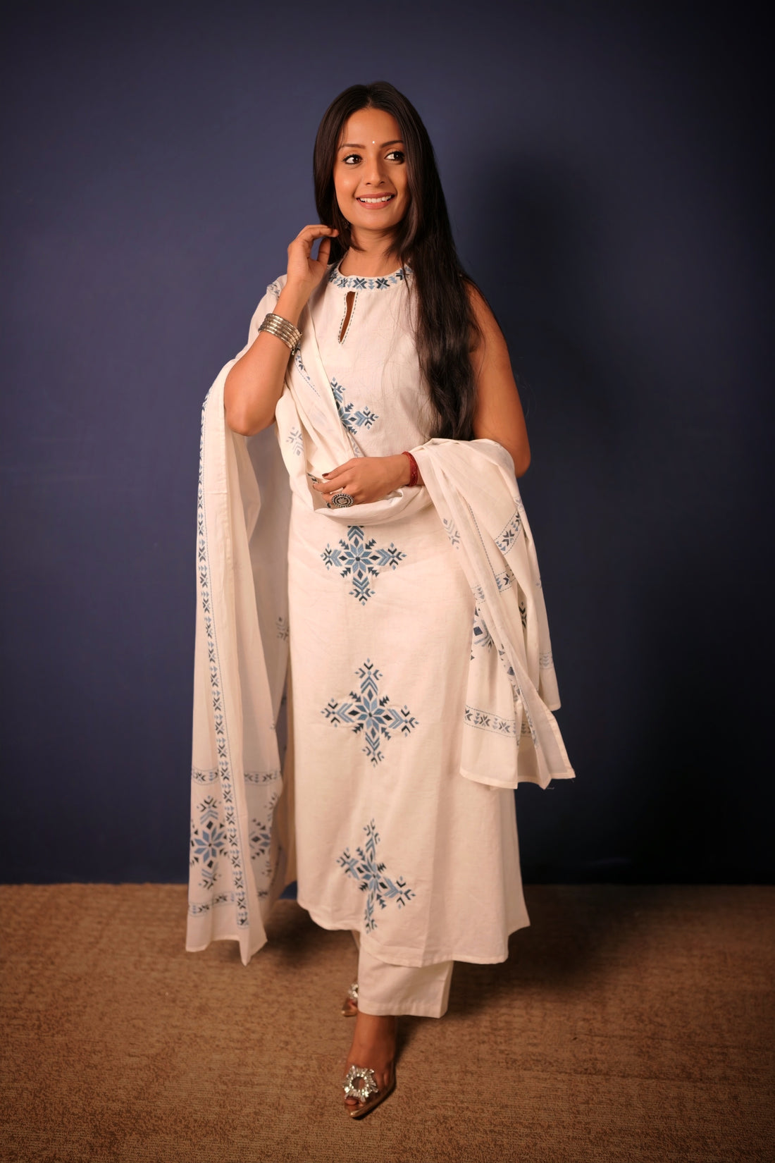 Ivory Blue Embroidered Kurta Set with Printed Dupatta