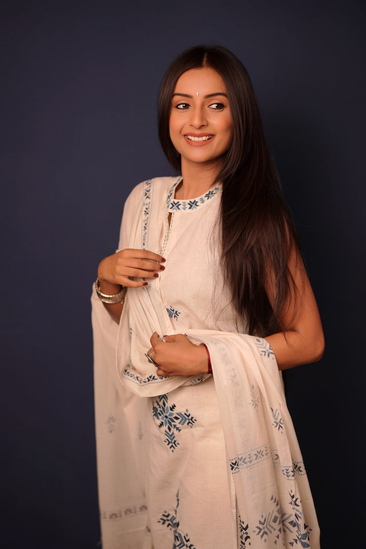 Ivory Blue Embroidered Kurta Set with Printed Dupatta