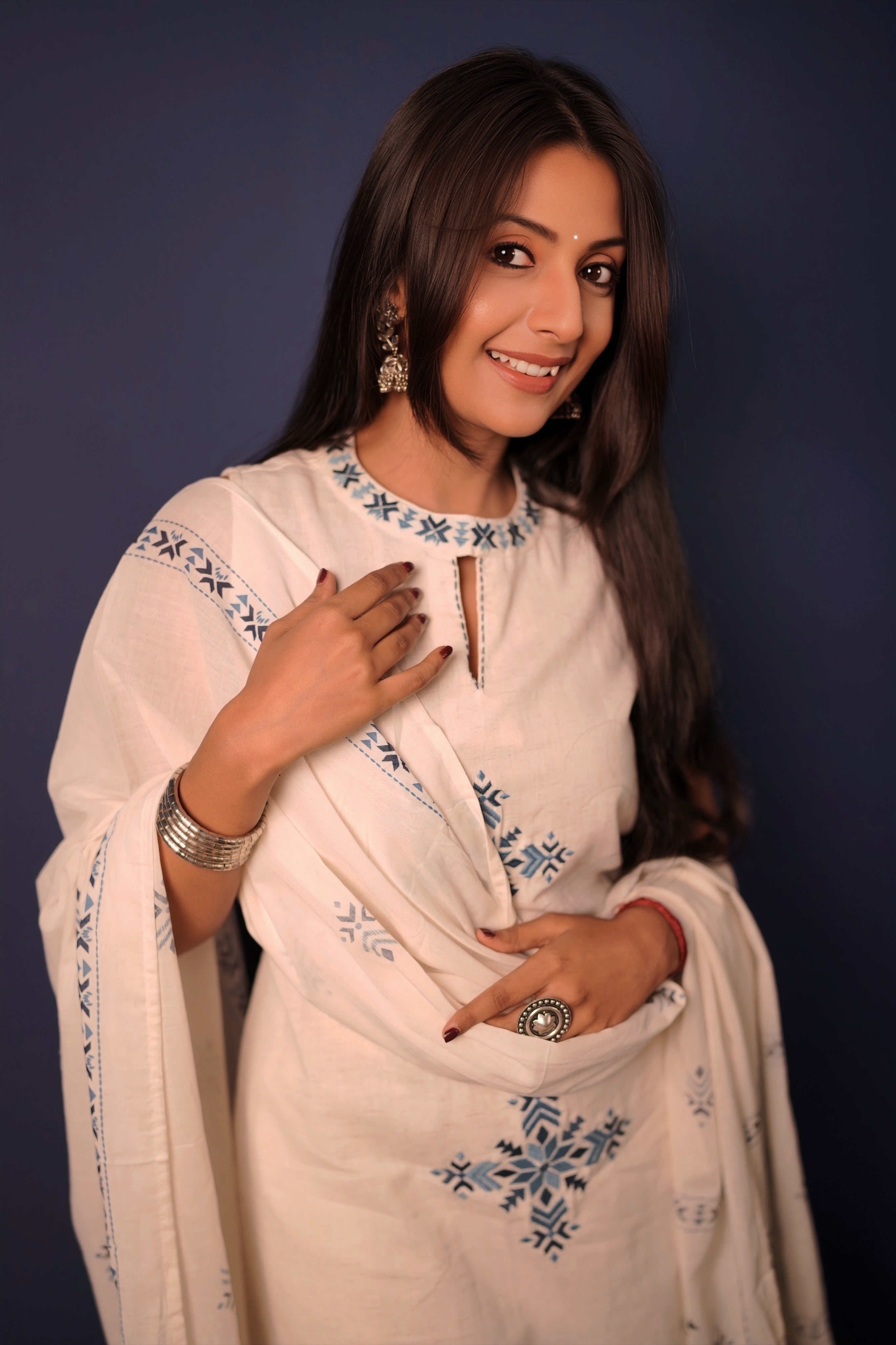 Ivory Blue Embroidered Kurta Set with Printed Dupatta